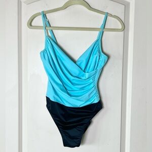 Miraclesuit turquoise blue and black Draped One Piece Swimsuit